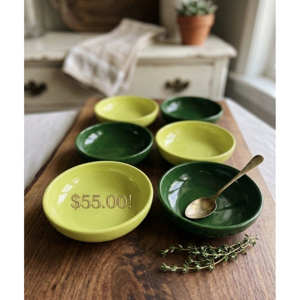 Hazel Atlas Platonite Moderntone Ovide Green Chartreuse 6 Individual Salad Bowl